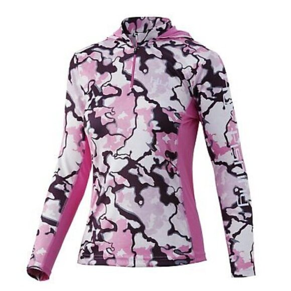 Huk Tops - New Huk Icon X Current Camo Hoodie Womens S Salmon Pink Performance Shirt